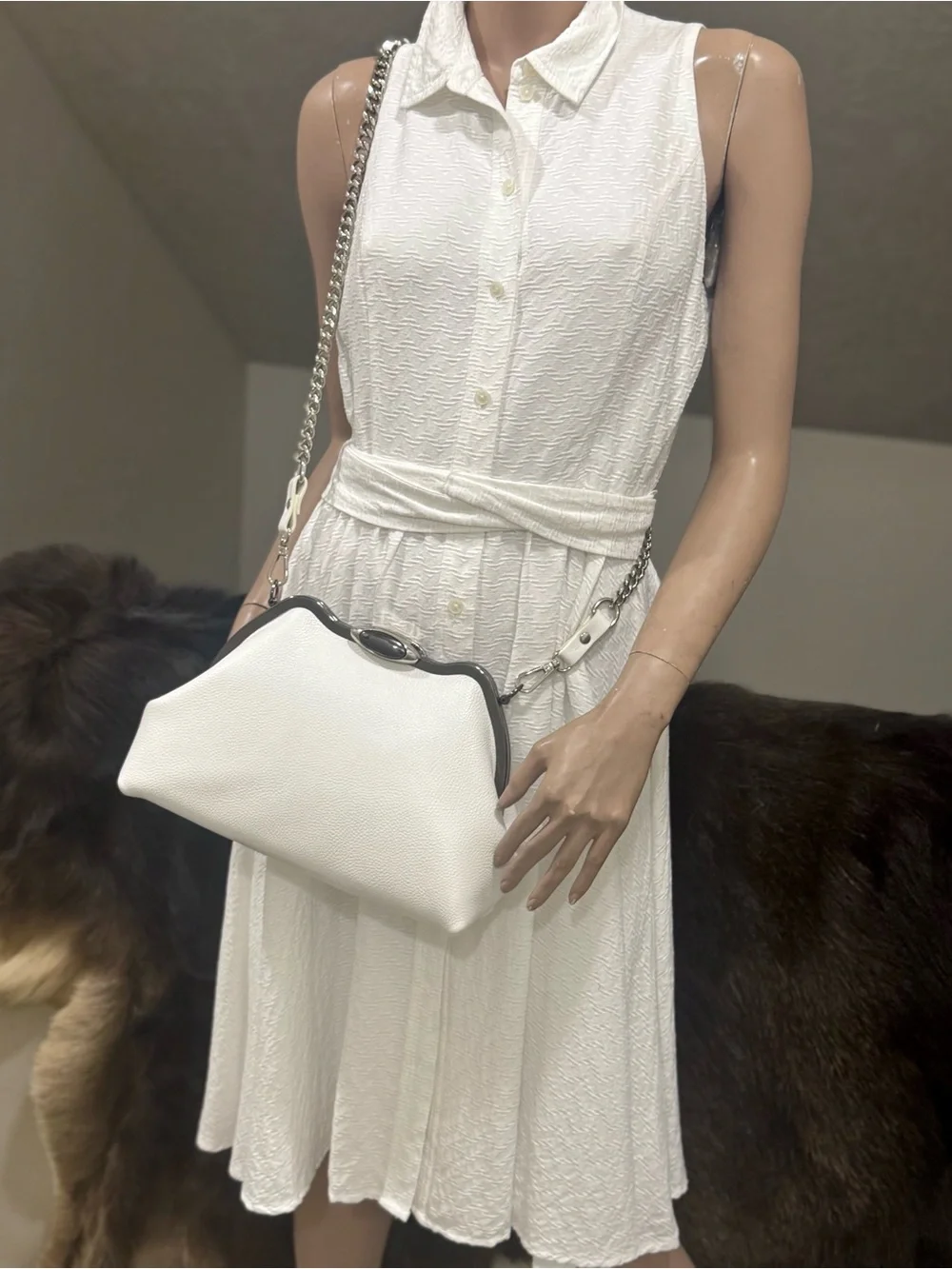 White Pebble Cowhide Handmade Custom Metal Frame Shoulder Bag, With 2 Straps